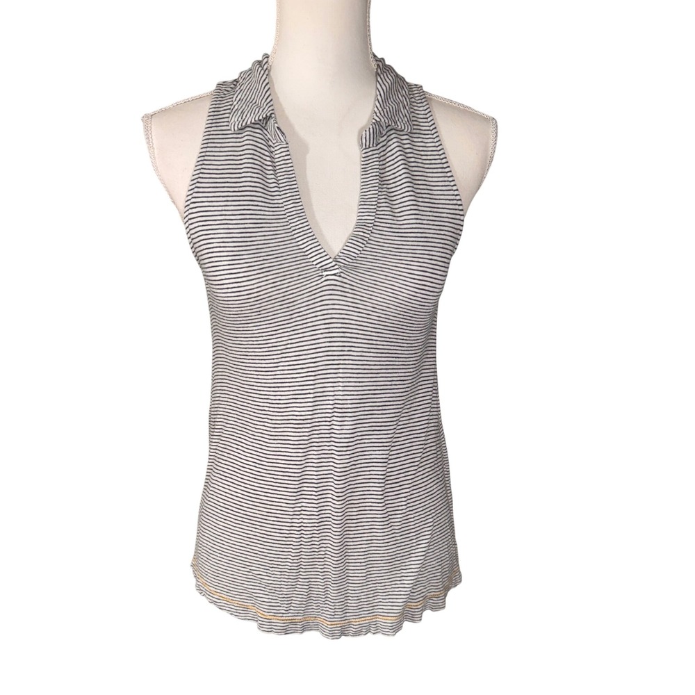 Anthropologie Maeve Striped Sleeveless V-Neck Polo Knit Top Gray Medium Casual